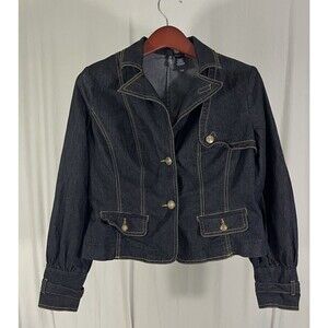 Bisou Bisou Womens Size L Dark Wash Denim Blue Jean Button Up Jacket